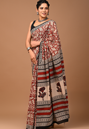 Maroonish Flower Hand Block Mulmul Cotton Saree For Women With Blouse Piece
